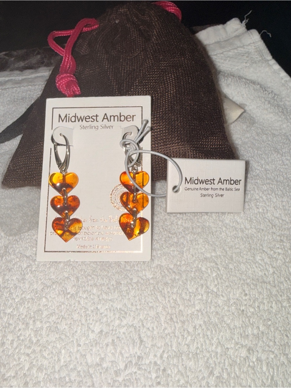 Sterling Silver Amber Heart Drop Earrings - Baltic Amber from Lithuania